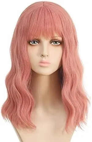 -Pink Wig Curly Wavy Wigs for Women Cosplay Wig Short Wigs Bright Pink Women's Shoulder Length Middle Part Pastel for Girl Colorful Costume Wigs 17 Inch(Bright Pink