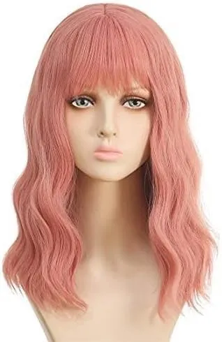 -Pink Wig Curly Wavy Wigs for Women Cosplay Wig Short Wigs Bright Pink Women's Shoulder Length Middle Part Pastel for Girl Colorful Costume Wigs 17 Inch(Bright Pink