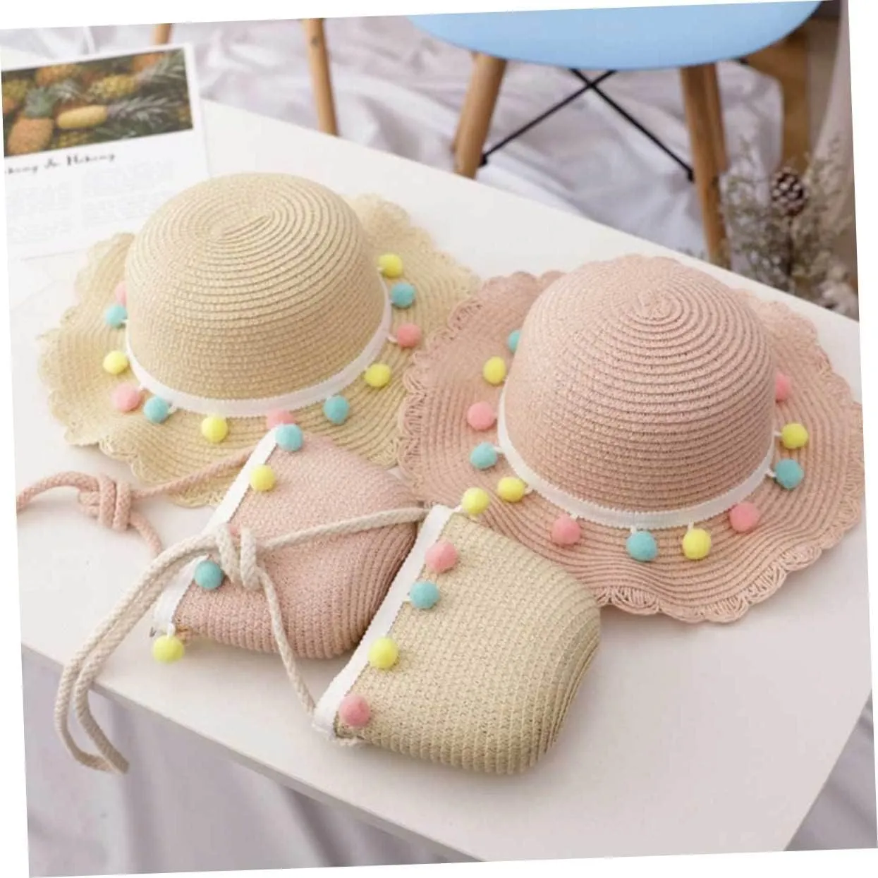 1 Set Summer Cap Cosplay Beach Hat Cross-Body Bag Straw Hat