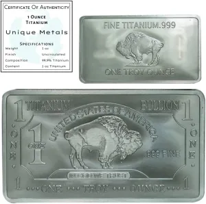 1 Troy Ounce (Oz) Titanium Bar Bullion Paperweight Metal with Certificate of Authenticity | Made in USA .999 Pure Titanium bar by Unique Metals