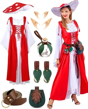 10 Pcs Halloween Women Renaissance Medieval Costume with Mushroom Hat Elf Ears Leaf Belt Bag Skirt Hikes