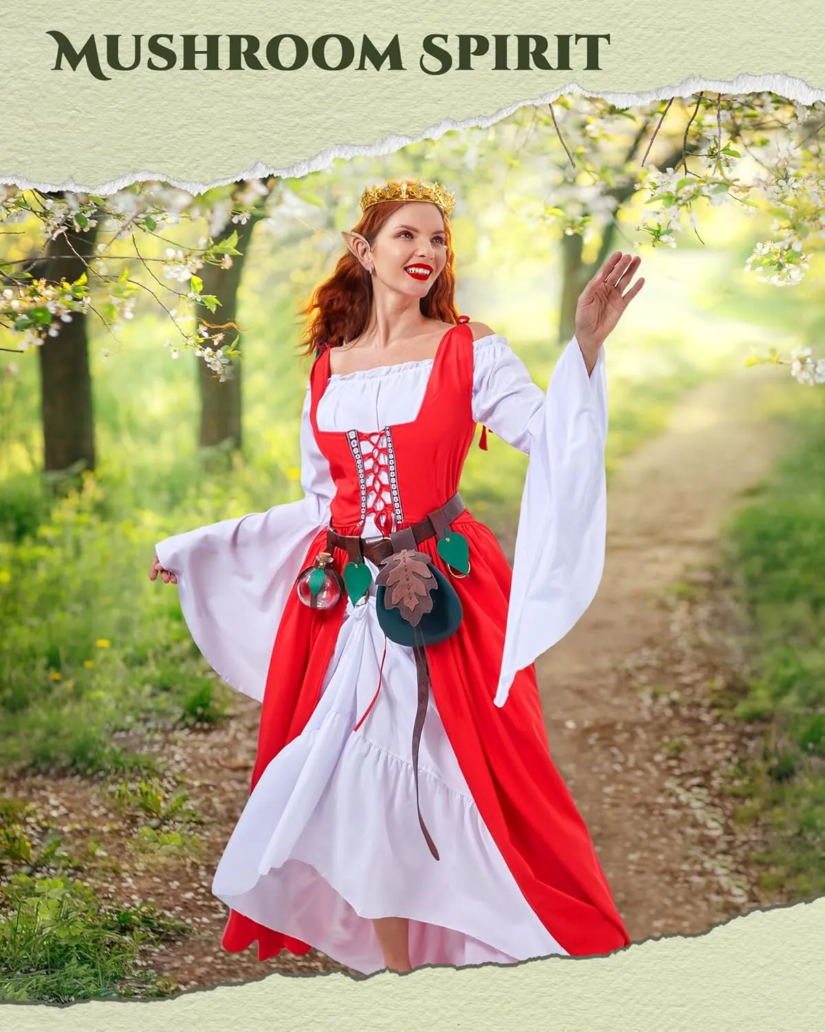 10 Pcs Halloween Women Renaissance Medieval Costume with Mushroom Hat Elf Ears Leaf Belt Bag Skirt Hikes