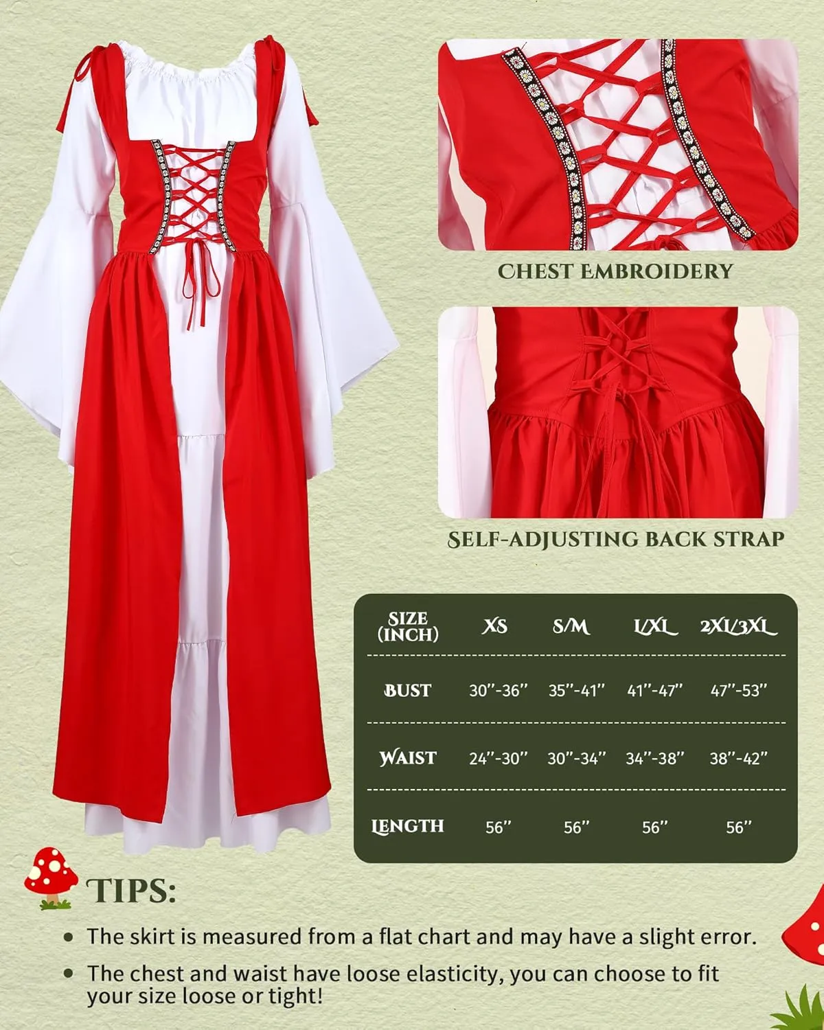 10 Pcs Halloween Women Renaissance Medieval Costume with Mushroom Hat Elf Ears Leaf Belt Bag Skirt Hikes