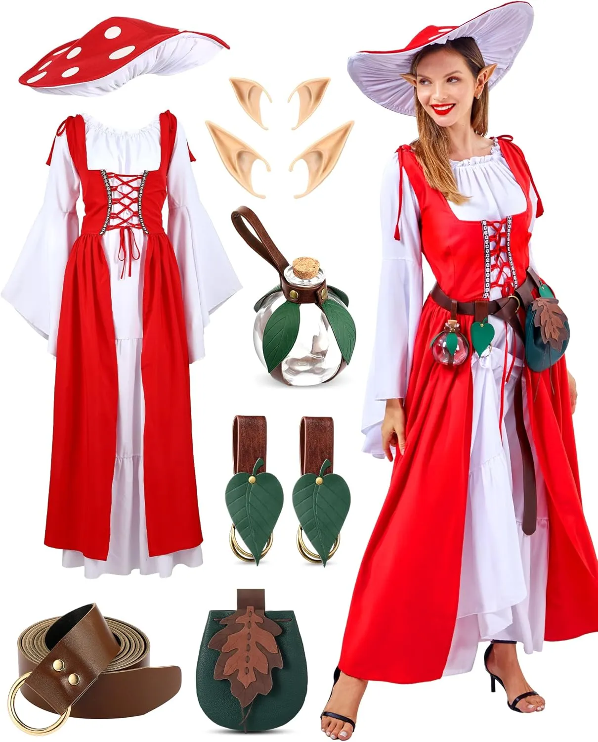 10 Pcs Halloween Women Renaissance Medieval Costume with Mushroom Hat Elf Ears Leaf Belt Bag Skirt Hikes