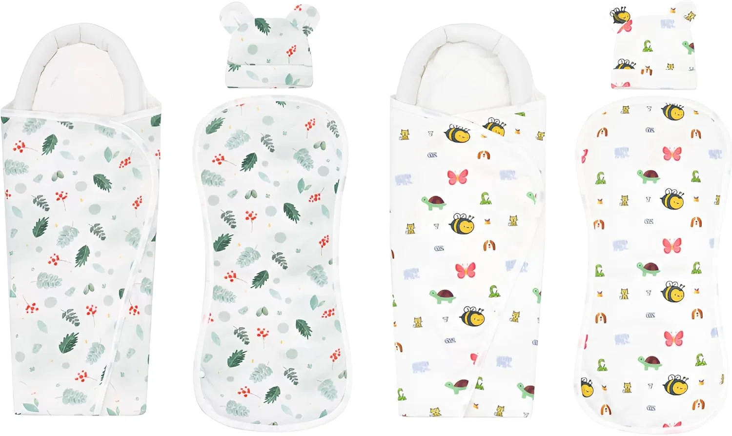 100% Organic Cotton Neck Support Swaddle, 2-in-1 Burp Cloth & Bib, Bear Ears Baby Hat,0-3 Months,Set Of 7 (2 Swaddles 2 Bibs 2 Hats Gift Bag),Newborn Blanket,Infant Wrap,Sleeping Bag,Cap,Beanie