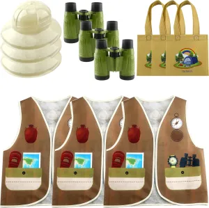12 Pcs Kids Explorer Costume Set Include 3 Adventure Hats 3 Vest 3 Plastic Binocular 3 Safari Tote Bag for Boys Girls Halloween Cosplay Jungle Activities Party Supplies Favors