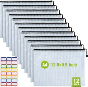 12 Pcs Plastic Mesh Zip File Bags, Waterproof Tear-Resistant Document File Folders, A4 Size Zipper Documents Pouch Document Organizer Bags for School Office Home Travel Storage(13.5×9.5Inch)