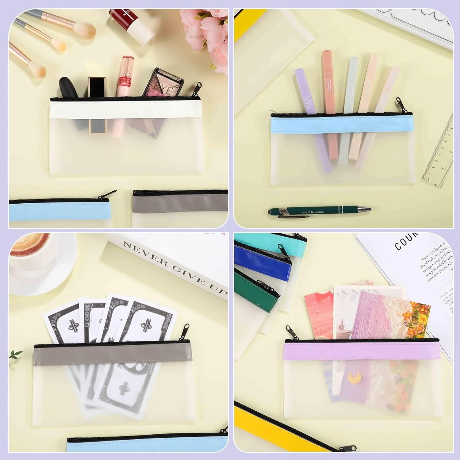 12 Pieces Money Bags with Zipper, Cash Envelopes 7.8×3.9 Inch, Money Pouch Clear Bank Deposit Coin Bag for Multi-Purpose Check Wallet Collectors(Multicolor)