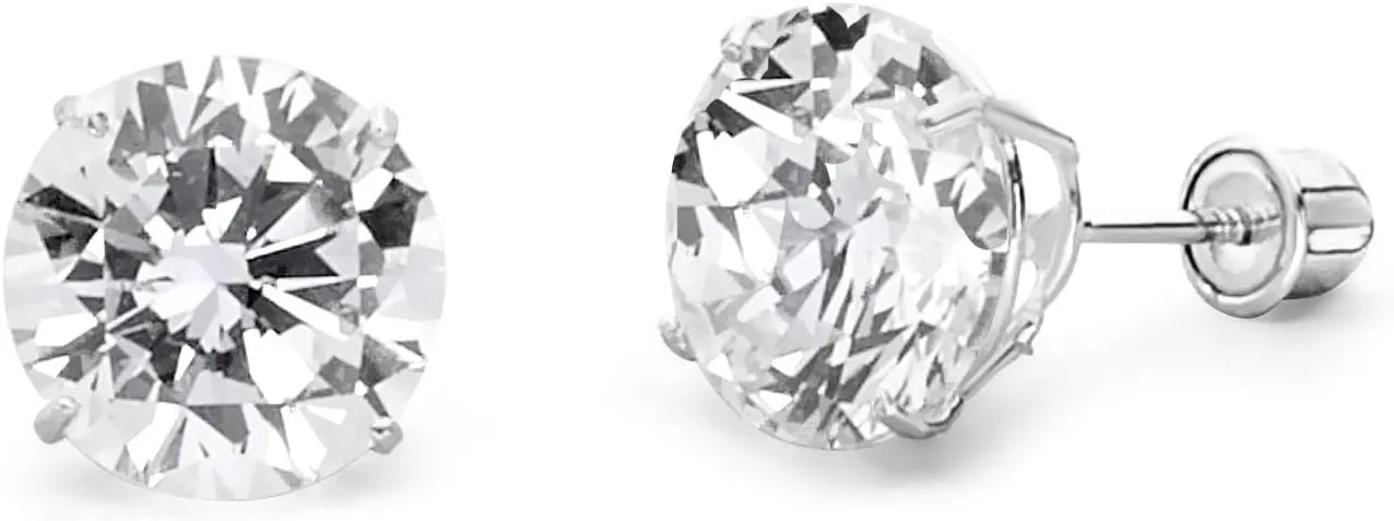 14k REAL Yellow/White Gold 2mm, 3mm, 4mm, 5mm, 6mm, 7mm, 8mm Round Solitaire Basket Set Stud Earrings with Screw Backs