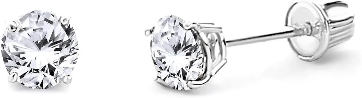 14k REAL Yellow/White Gold 2mm, 3mm, 4mm, 5mm, 6mm, 7mm, 8mm Round Solitaire Basket Set Stud Earrings with Screw Backs