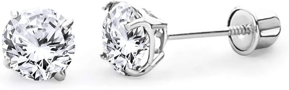 14k REAL Yellow/White Gold 2mm, 3mm, 4mm, 5mm, 6mm, 7mm, 8mm Round Solitaire Basket Set Stud Earrings with Screw Backs