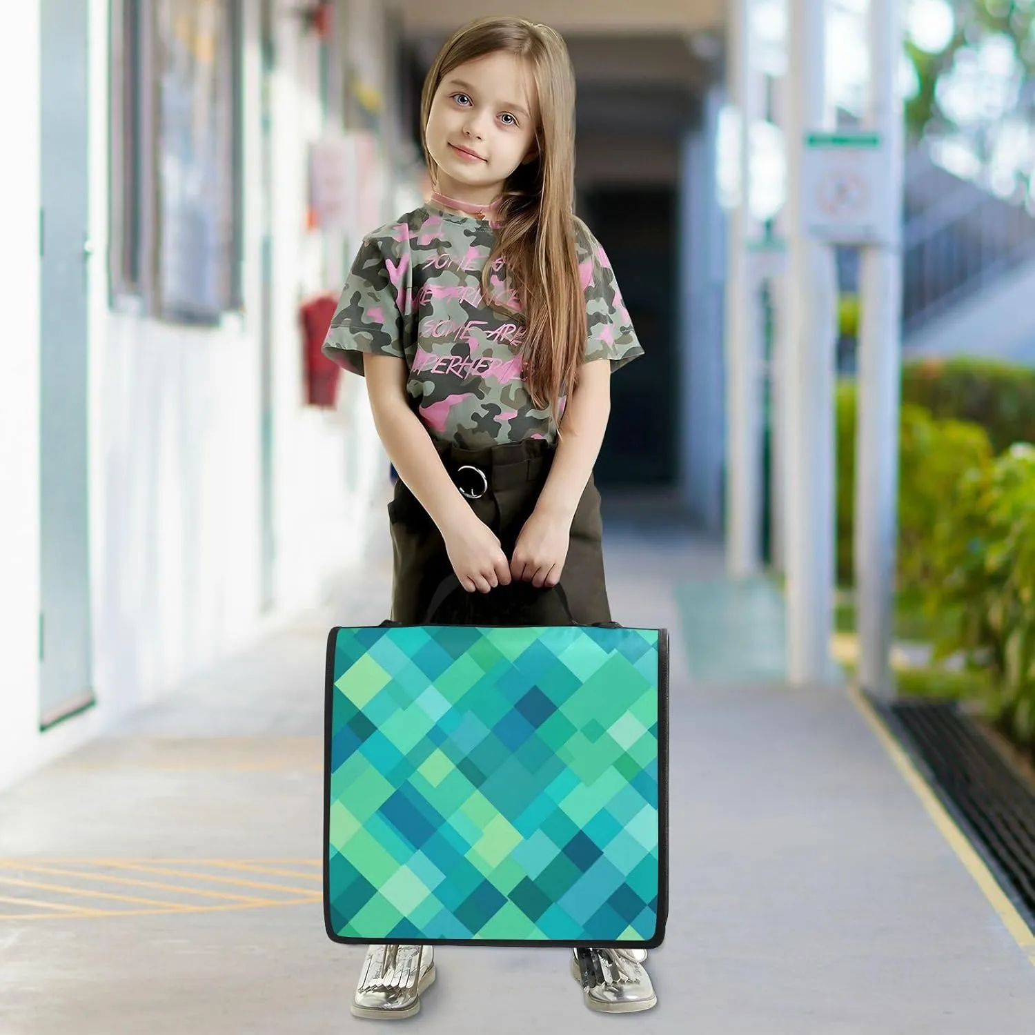 1.5 Inch 3 Rings Office Binder Organizer with Shoulder Strap Waterproof Document Binder Organizer for Middle School Rhomboid Turquoise Green