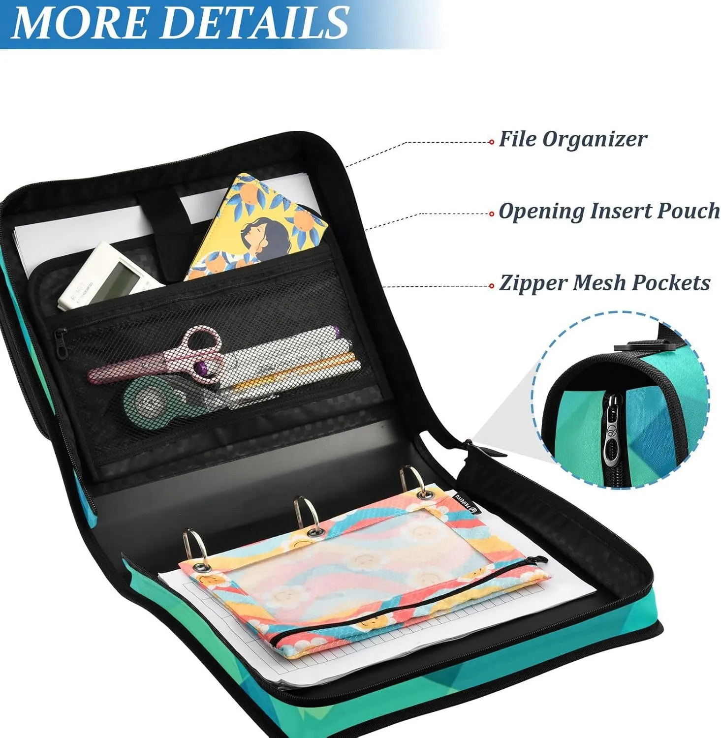 1.5 Inch 3 Rings Office Binder Organizer with Shoulder Strap Waterproof Document Binder Organizer for Middle School Rhomboid Turquoise Green