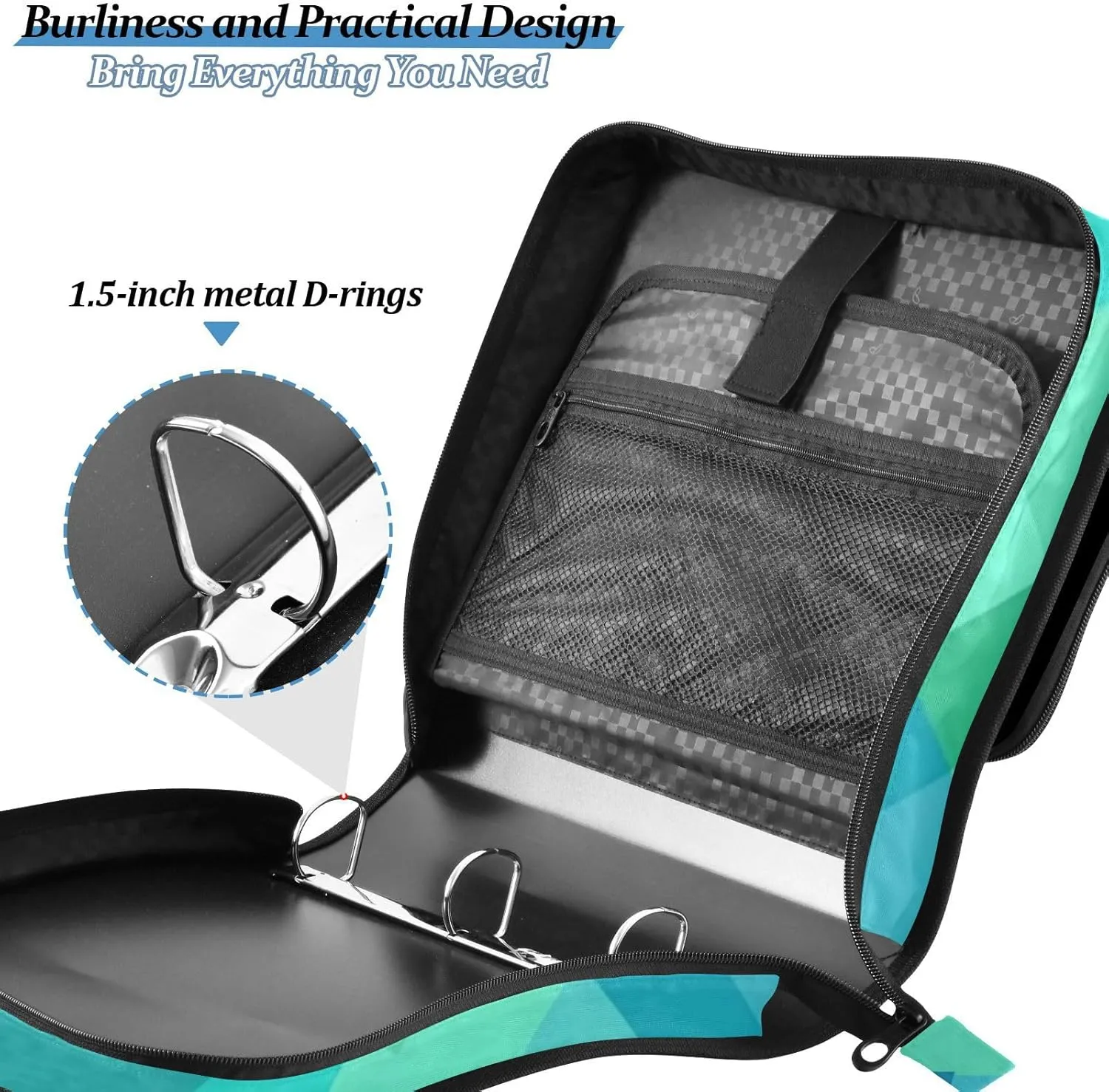1.5 Inch 3 Rings Office Binder Organizer with Shoulder Strap Waterproof Document Binder Organizer for Middle School Rhomboid Turquoise Green