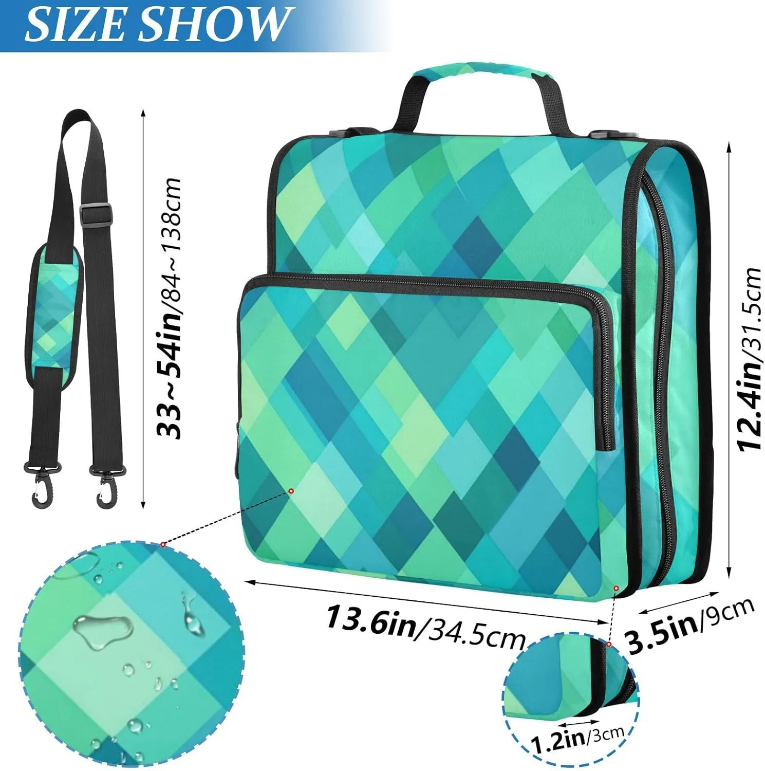 1.5 Inch 3 Rings Office Binder Organizer with Shoulder Strap Waterproof Document Binder Organizer for Middle School Rhomboid Turquoise Green