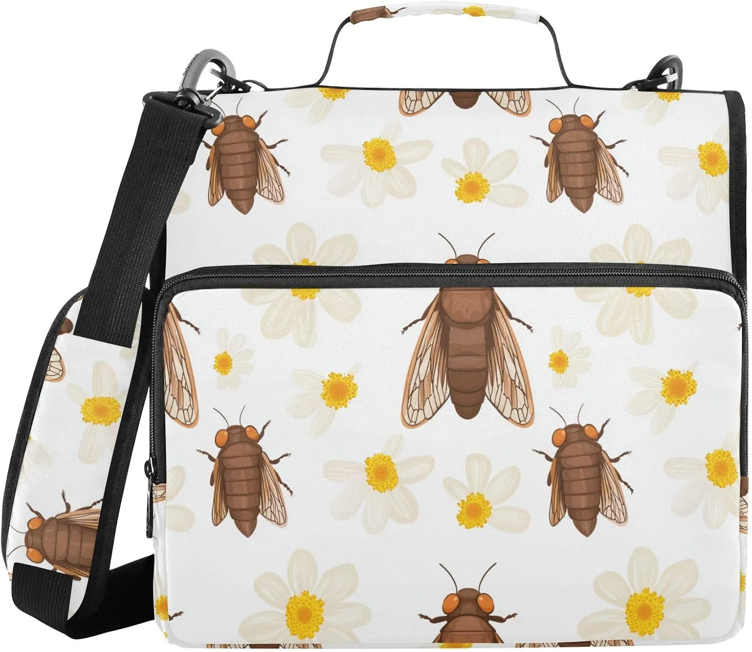 1.5-Inch 3-Rings Zippered Binder Bag with Shoulder Strap & Handle Includes Zip Pocket Document Binder Organizer for Middle School Cute Cicada