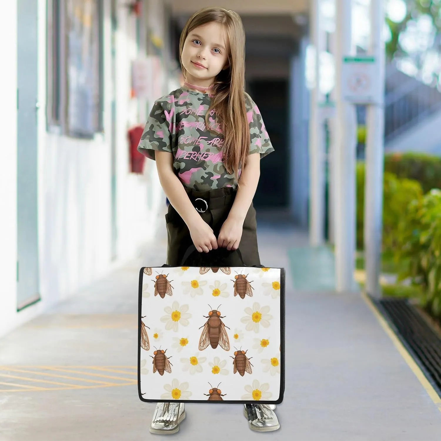 1.5-Inch 3-Rings Zippered Binder Bag with Shoulder Strap & Handle Includes Zip Pocket Document Binder Organizer for Middle School Cute Cicada