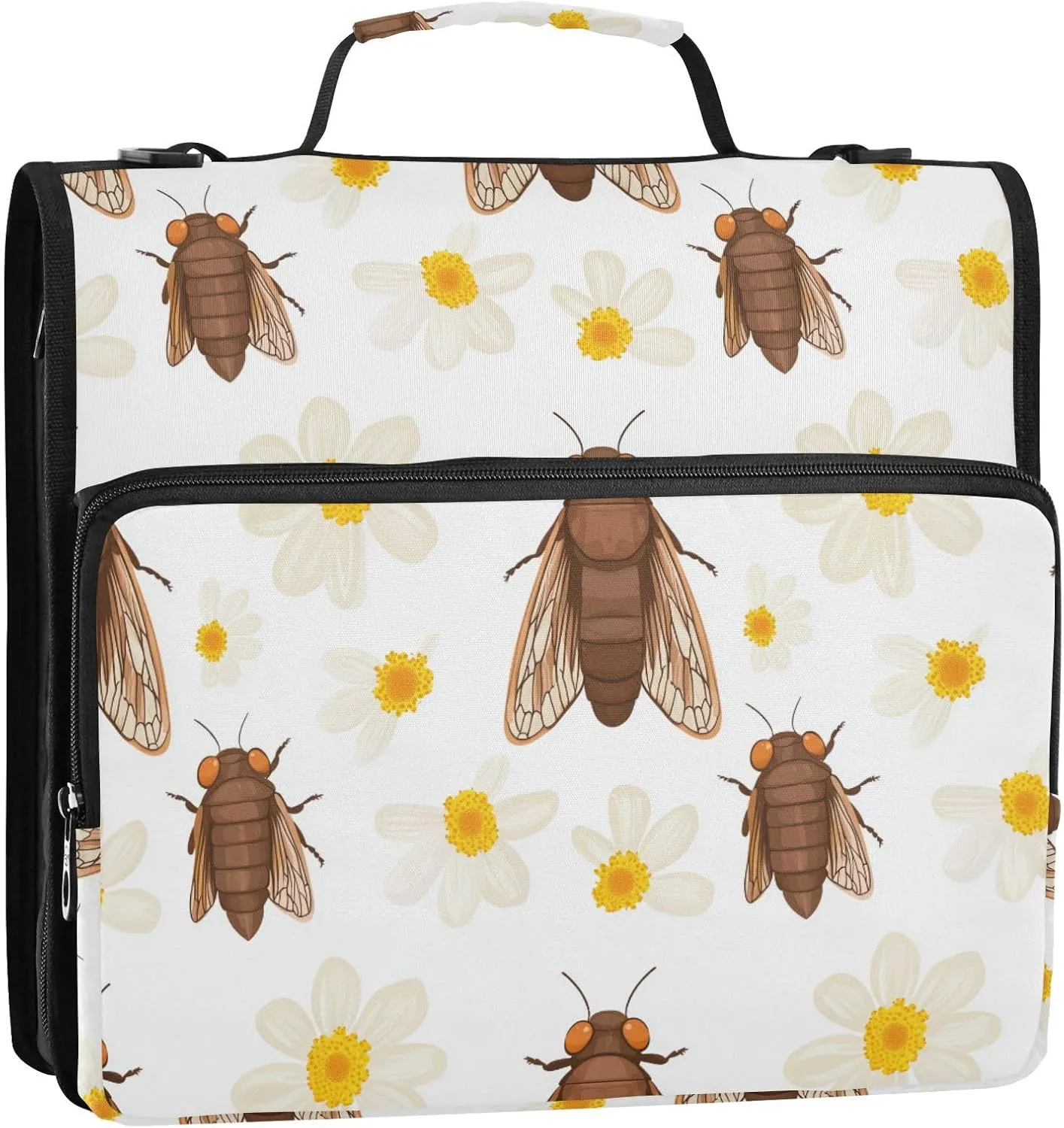 1.5-Inch 3-Rings Zippered Binder Bag with Shoulder Strap & Handle Includes Zip Pocket Document Binder Organizer for Middle School Cute Cicada