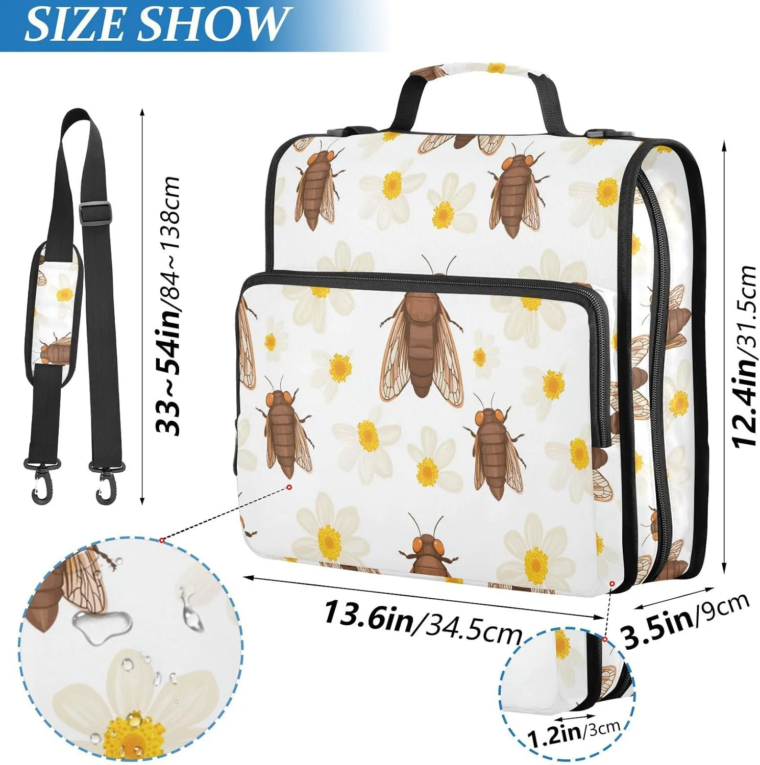 1.5-Inch 3-Rings Zippered Binder Bag with Shoulder Strap & Handle Includes Zip Pocket Document Binder Organizer for Middle School Cute Cicada