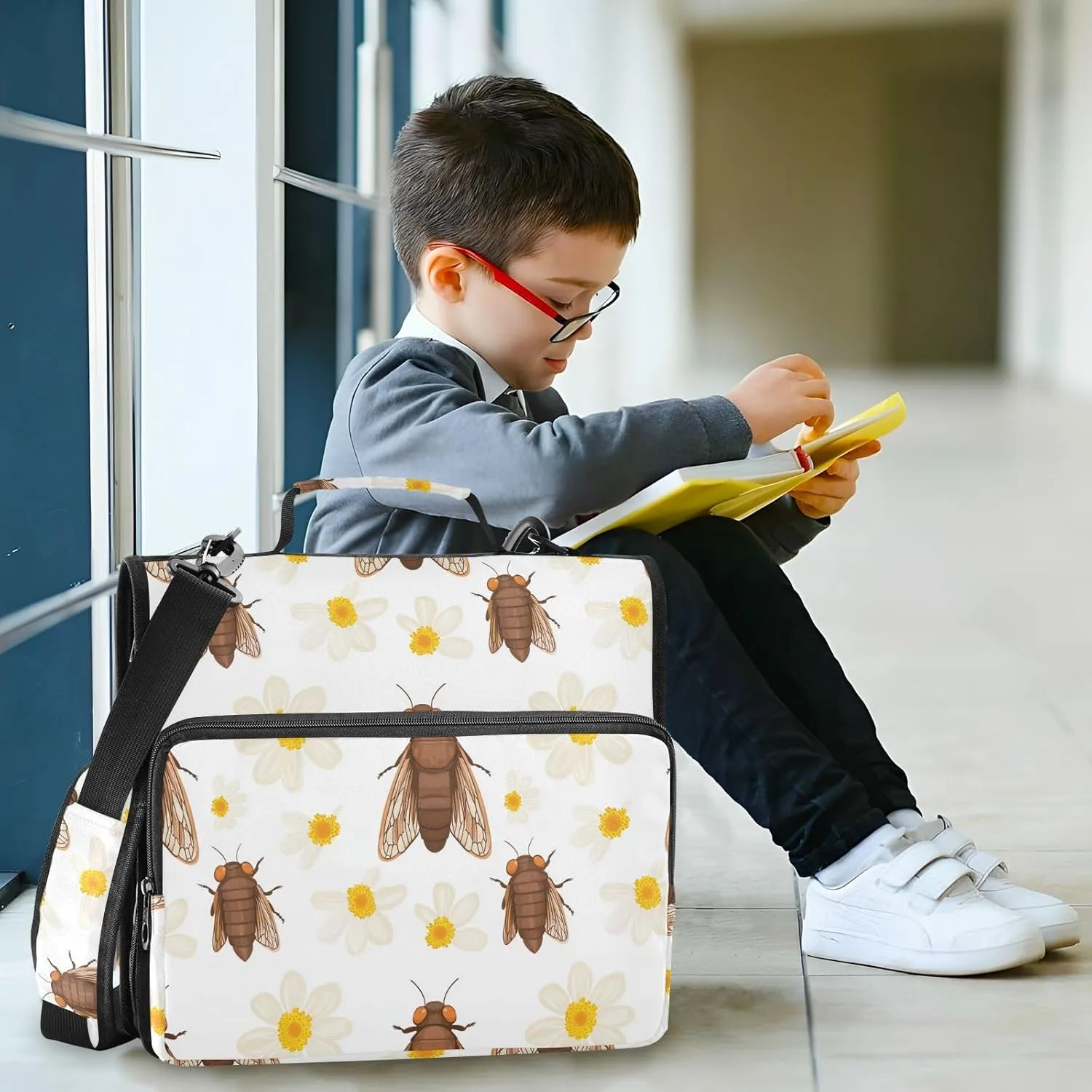 1.5-Inch 3-Rings Zippered Binder Bag with Shoulder Strap & Handle Includes Zip Pocket Document Binder Organizer for Middle School Cute Cicada