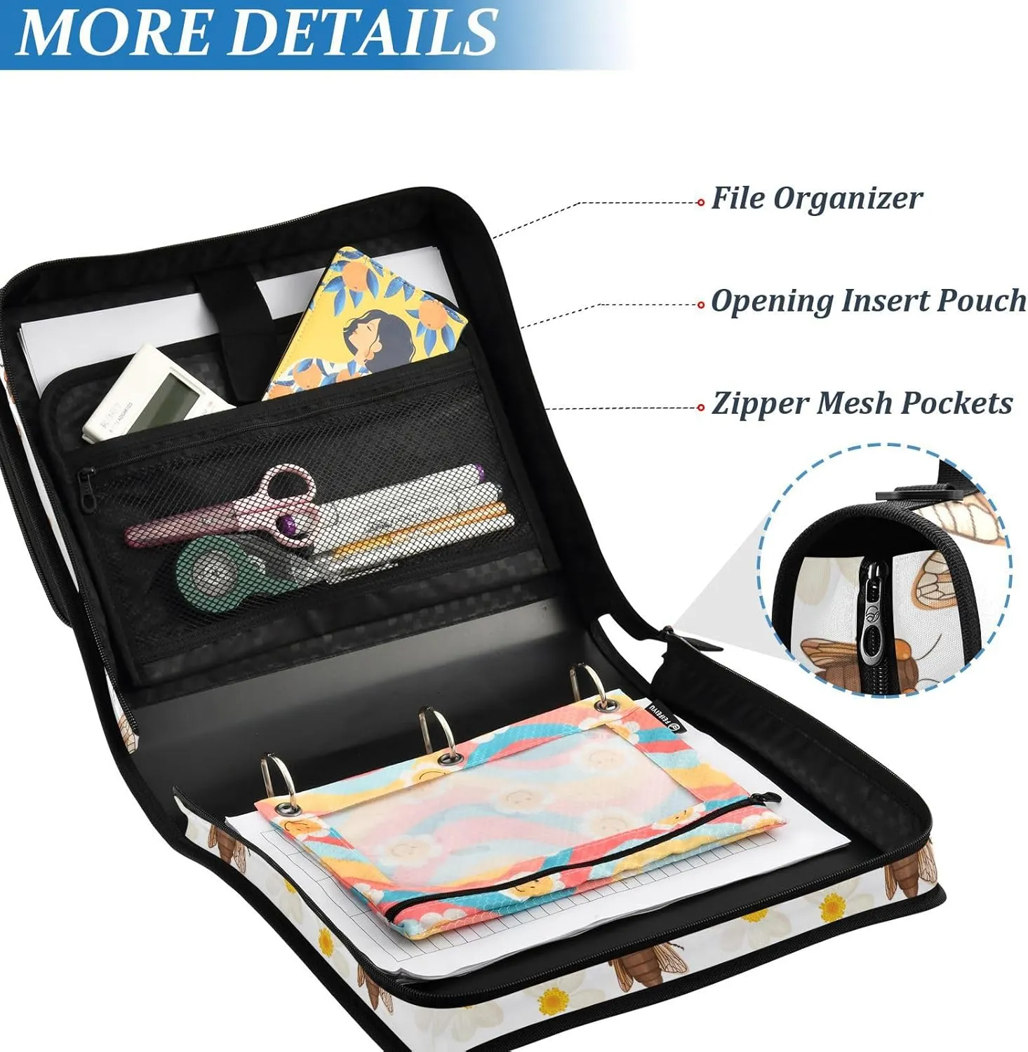 1.5-Inch 3-Rings Zippered Binder Bag with Shoulder Strap & Handle Includes Zip Pocket Document Binder Organizer for Middle School Cute Cicada