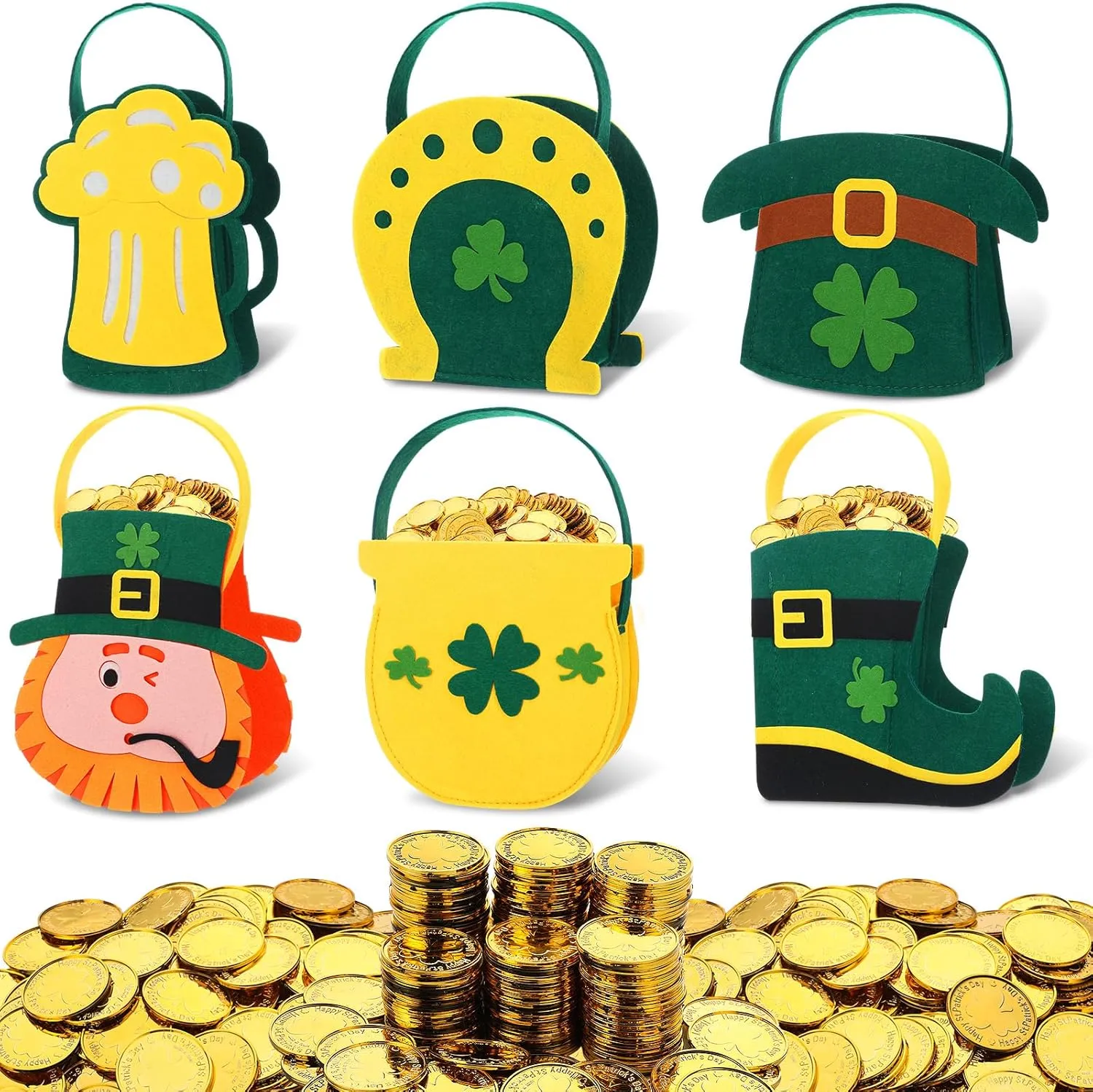 156 Pcs St. Patrick's Day Felt Bags Set 6 Pot of Gold Candy Coins Holder Horseshoe Dwarf Pots Clover Felt Bag with Handle 150 Gold Shamrock Coins for Irish Party Decor