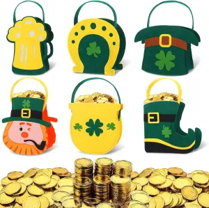 156 Pcs St. Patrick's Day Felt Bags Set 6 Pot of Gold Candy Coins Holder Horseshoe Dwarf Pots Clover Felt Bag with Handle 150 Gold Shamrock Coins for Irish Party Decor