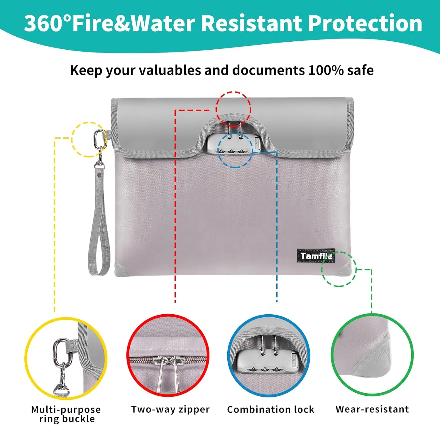 15" x 11" Fireproof Money Bag with Lock, 5200°F Fireproof Safe Document Bag with Zipper, 8 Layers Fire Insulation, Fireproof Safe Storage Pouch for Cash, Passport, Letter, Legal document, (Silver)