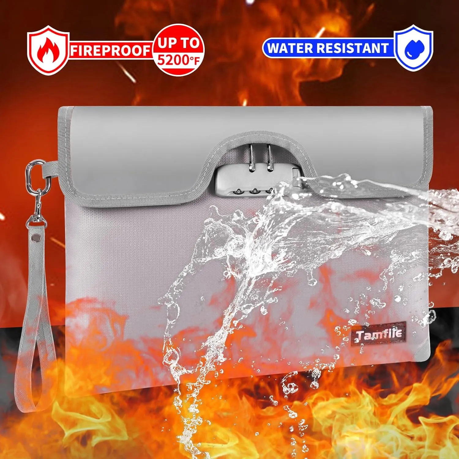 15" x 11" Fireproof Money Bag with Lock, 5200°F Fireproof Safe Document Bag with Zipper, 8 Layers Fire Insulation, Fireproof Safe Storage Pouch for Cash, Passport, Letter, Legal document, (Silver)