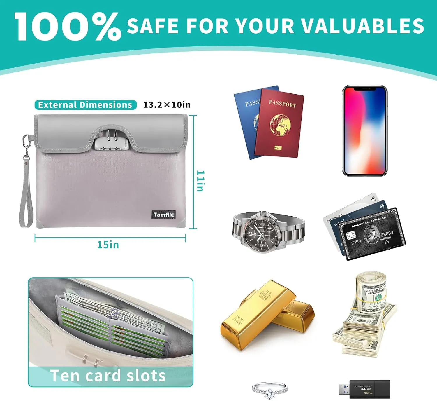 15" x 11" Fireproof Money Bag with Lock, 5200°F Fireproof Safe Document Bag with Zipper, 8 Layers Fire Insulation, Fireproof Safe Storage Pouch for Cash, Passport, Letter, Legal document, (Silver)