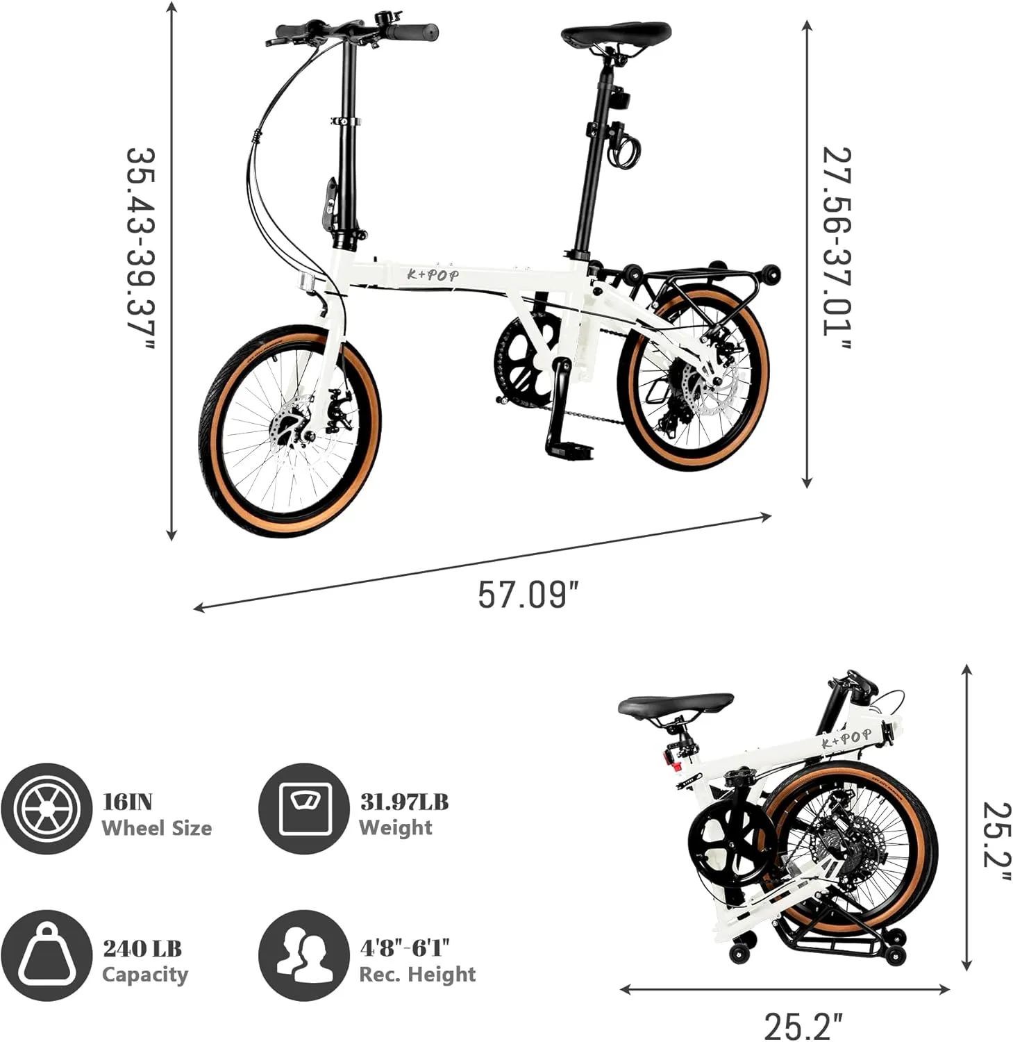 16” Folding Bike, Foldable City Bicycle with 7 Speed, Outdoor Beach Cruiser Bike for Adult,Adjustable Seat,Portable Compact Bicycle Urban Commuter Lightweight Bike for Women Men