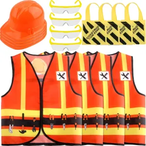 16 Pcs Kid Construction Worker Costume Set Include Construction Vest Hat Goggles and Tote Bag for Kids Halloween Role Play