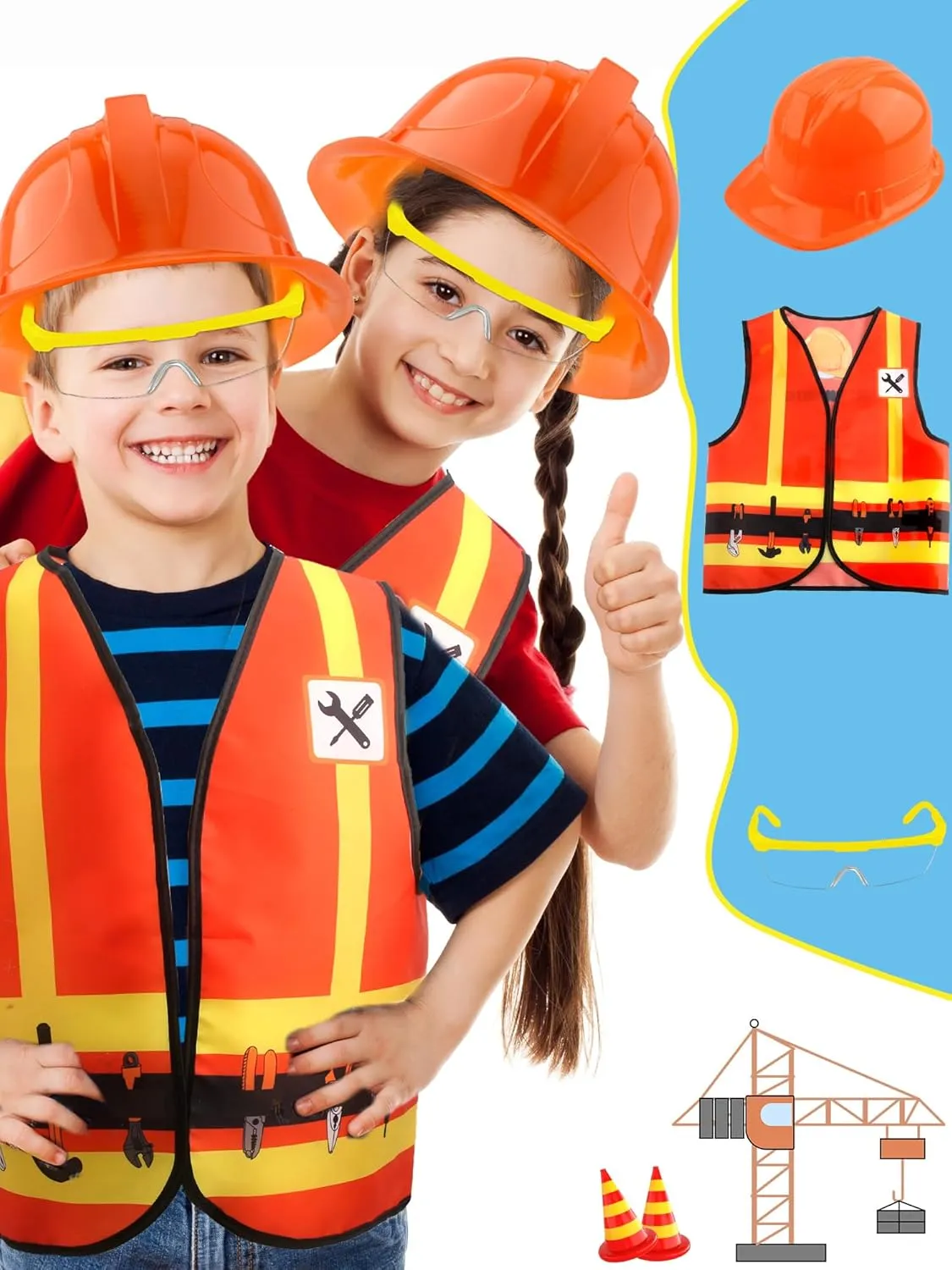 16 Pcs Kid Construction Worker Costume Set Include Construction Vest Hat Goggles and Tote Bag for Kids Halloween Role Play