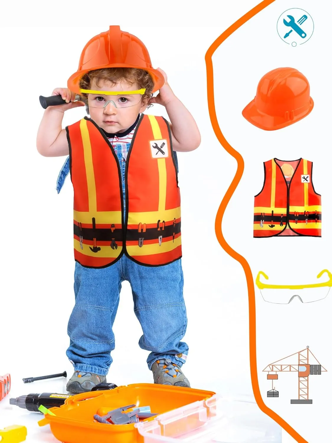 16 Pcs Kid Construction Worker Costume Set Include Construction Vest Hat Goggles and Tote Bag for Kids Halloween Role Play