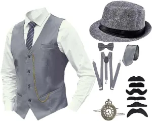 1920s Mens Costume Gatsby Outfit Gangster Vest Set Halloween Full Accessories Tie Pocket Watch Hat Suspenders 8 Pcs