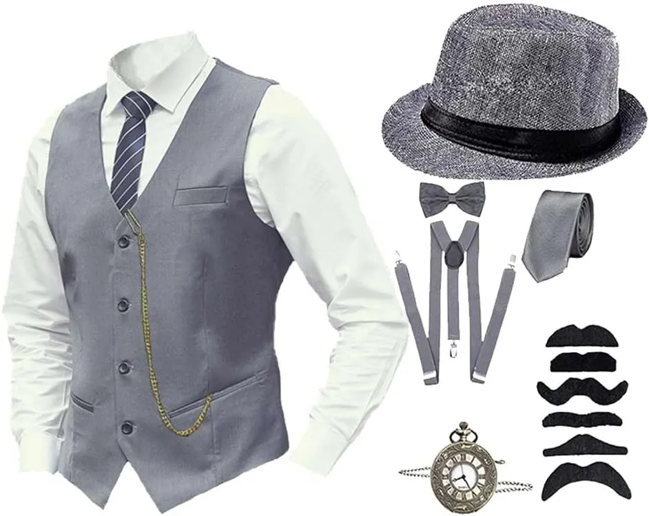 1920s Mens Costume Gatsby Outfit Gangster Vest Set Halloween Full Accessories Tie Pocket Watch Hat Suspenders 8 Pcs