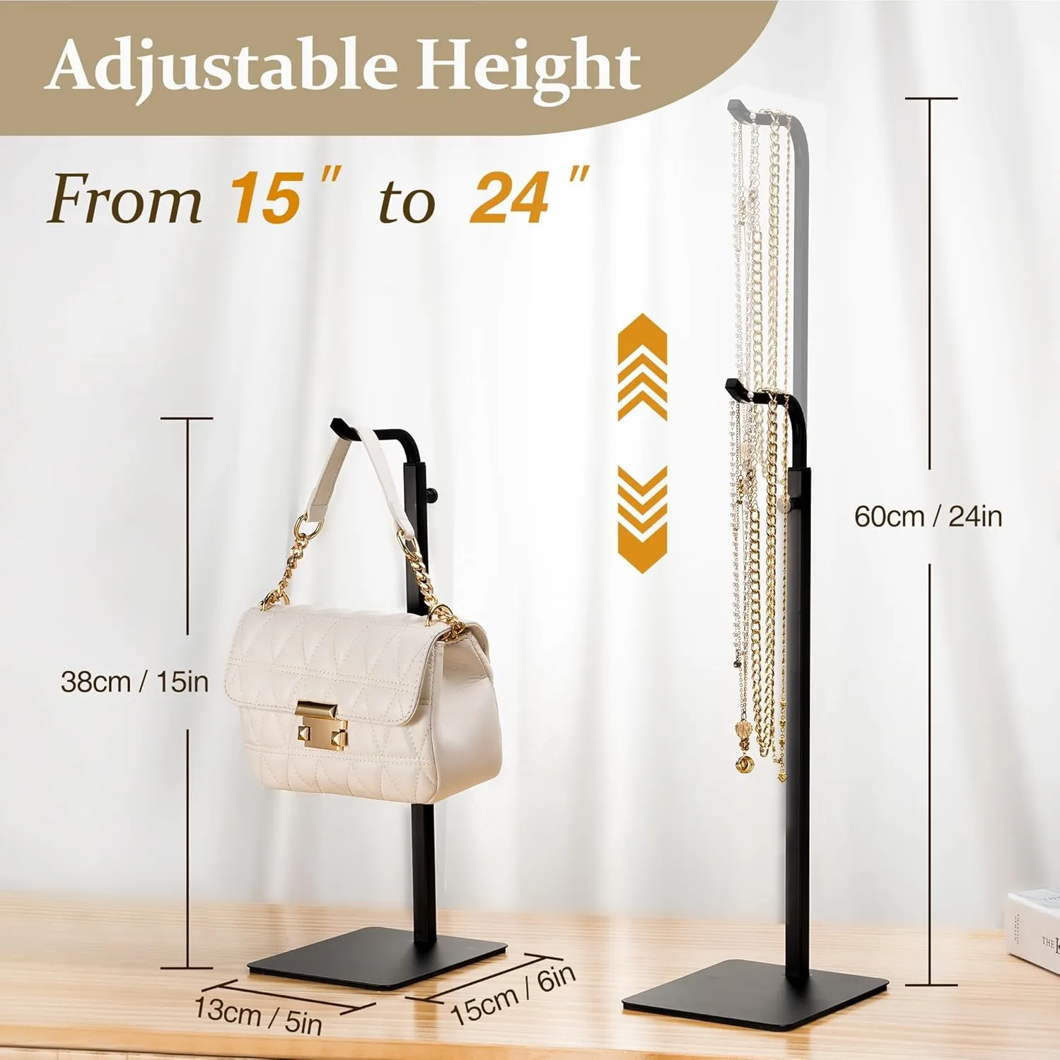 2 Pack Purse Holder Handbag Display Stand: Hanger Rack Showing Bags, Purses, and Wreath, Adjustable Black Hook Stand for Tabletop, Closet, Desk, and Retail Use for Vendors