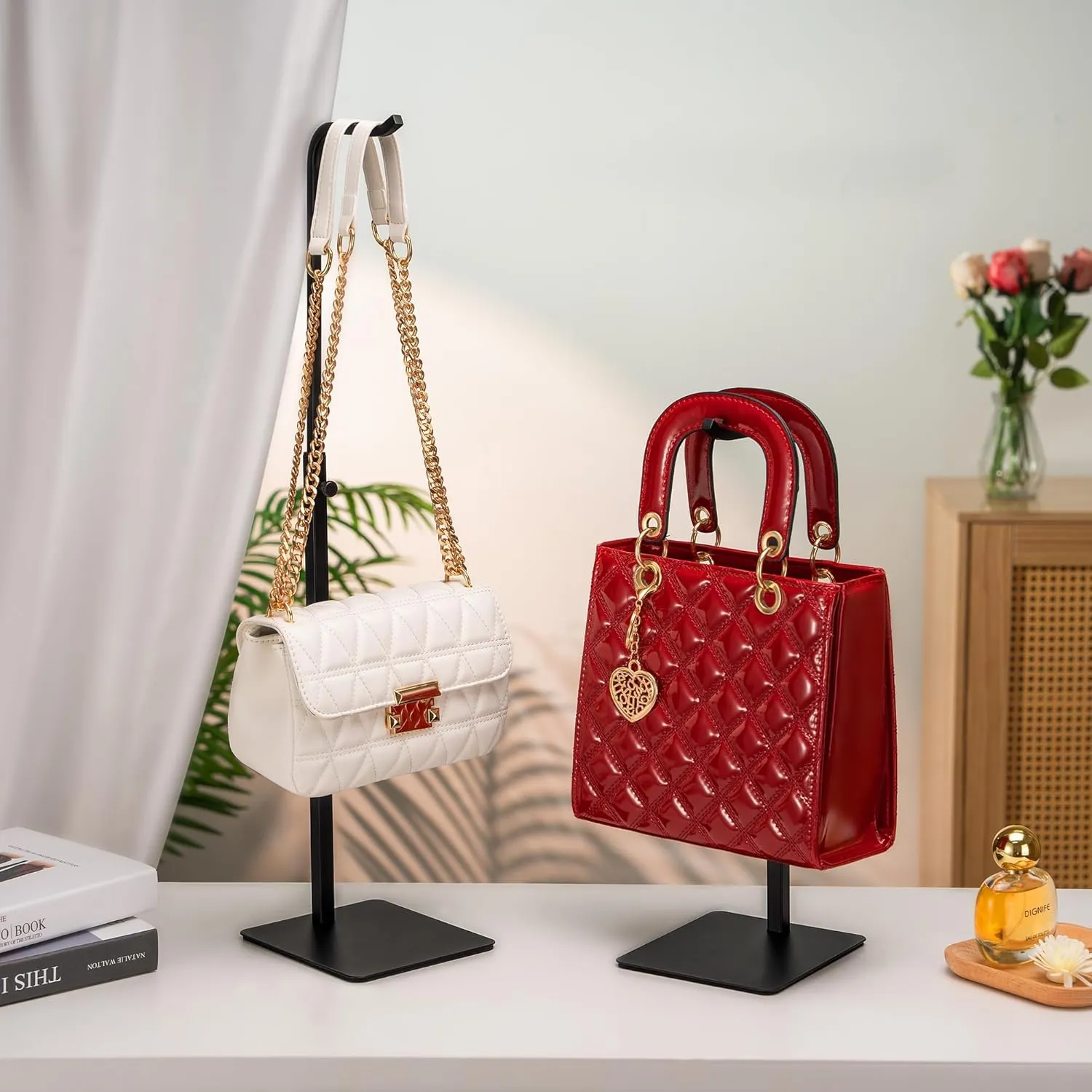 2 Pack Purse Holder Handbag Display Stand: Hanger Rack Showing Bags, Purses, and Wreath, Adjustable Black Hook Stand for Tabletop, Closet, Desk, and Retail Use for Vendors