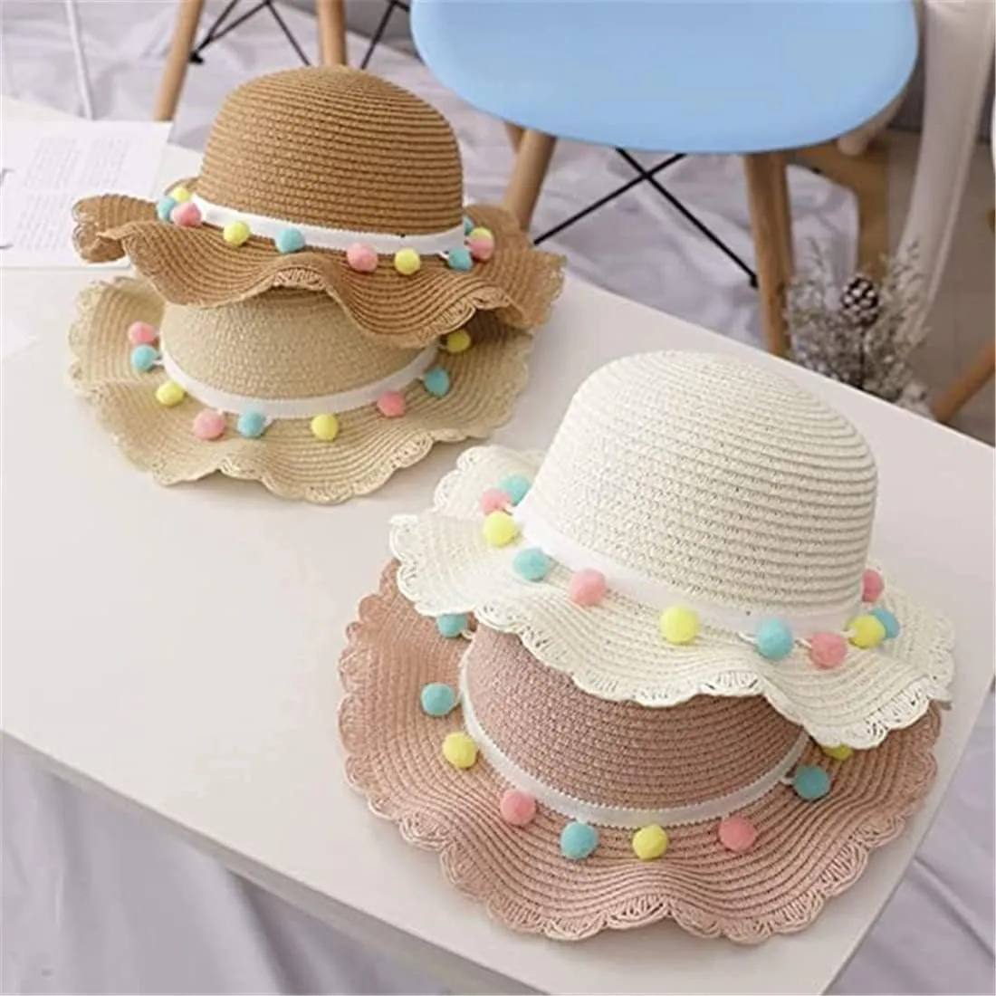 2 Pcs Baby Girls Summer Sun Protection Hats Summer Wide Brim Sun Flower Carrot Beach Cap with Shoulder Bag Set