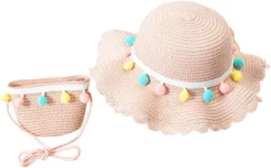 2 Pcs Baby Girls Summer Sun Protection Hats Summer Wide Brim Sun Flower Carrot Beach Cap with Shoulder Bag Set
