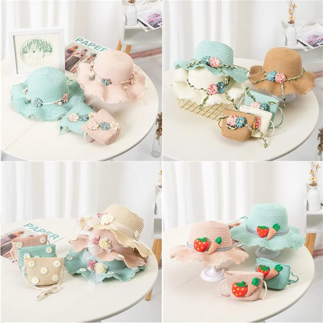 2 Pcs Baby Girls Summer Sun Protection Hats Summer Wide Brim Sun Flower Carrot Beach Cap with Shoulder Bag Set