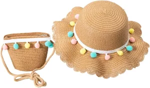 2 Pcs Baby Girls Summer Sun Protection Hats Summer Wide Brim Sun Flower Carrot Beach Cap with Shoulder Bag Set
