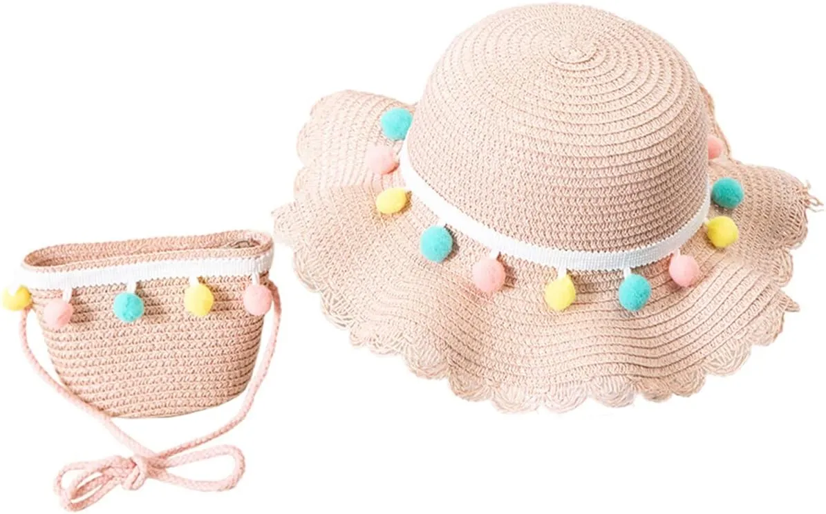 2 Pcs Baby Girls Summer Sun Protection Hats Summer Wide Brim Sun Flower Carrot Beach Cap with Shoulder Bag Set