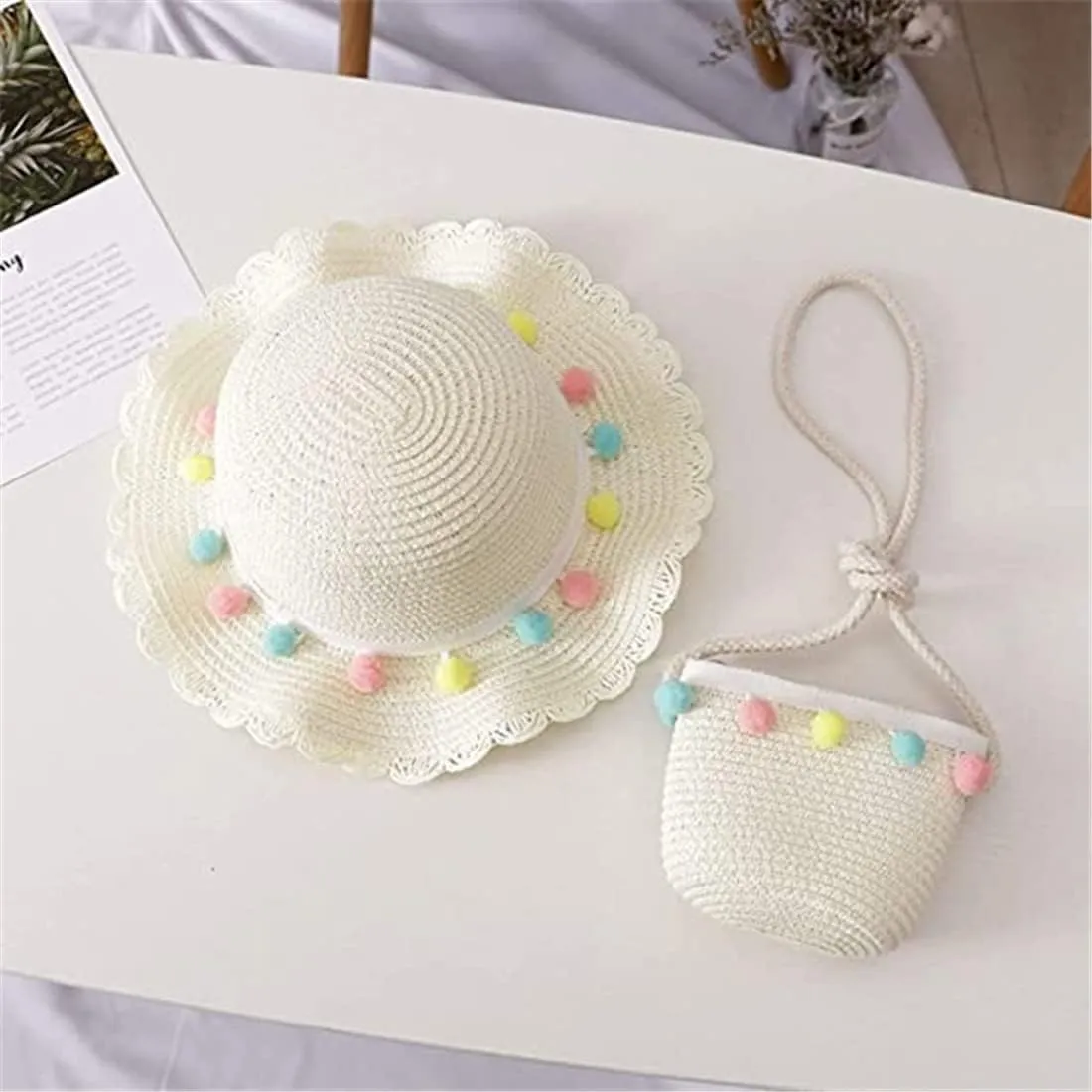 2 Pcs Baby Girls Summer Sun Protection Hats Summer Wide Brim Sun Flower Carrot Beach Cap with Shoulder Bag Set