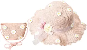 2 Pcs Baby Girls Summer Sun Protection Hats Summer Wide Brim Sun Flower Carrot Beach Cap with Shoulder Bag Set