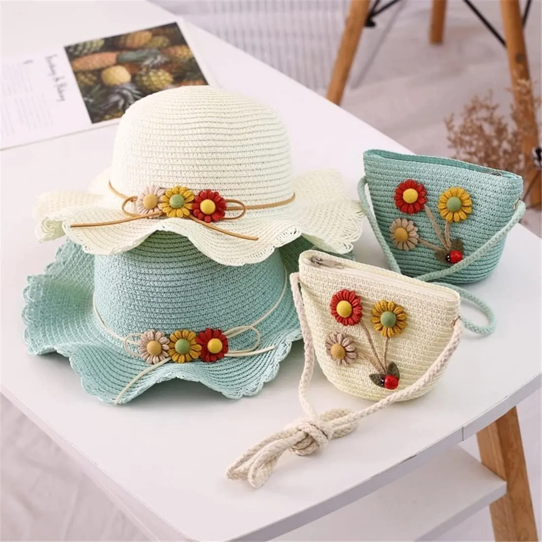 2 Pcs Baby Girls Summer Sun Protection Hats Summer Wide Brim Sun Flower Carrot Beach Cap with Shoulder Bag Set