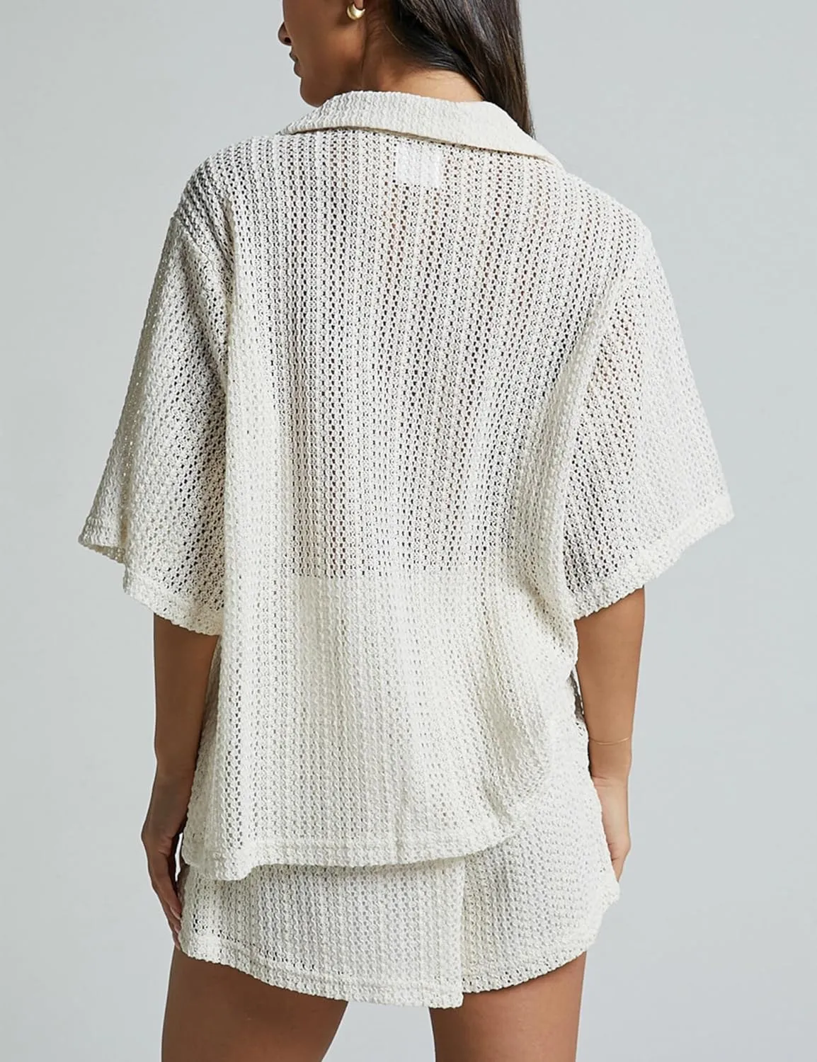 2 Piece Crochet Swimsuit Cover Ups for Women Hollow Out Knit Half Sleeve Tops Shorts Sets