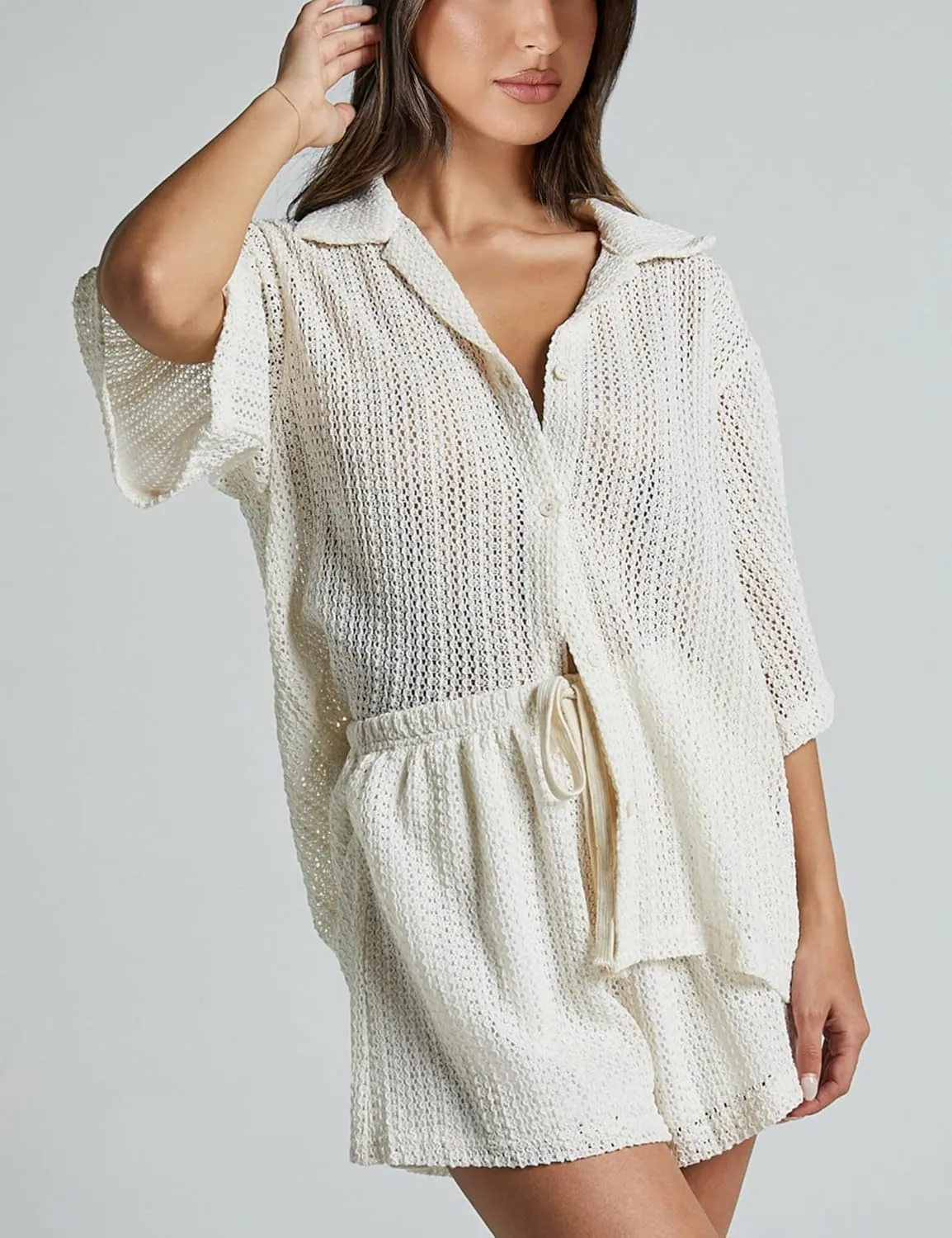 2 Piece Crochet Swimsuit Cover Ups for Women Hollow Out Knit Half Sleeve Tops Shorts Sets