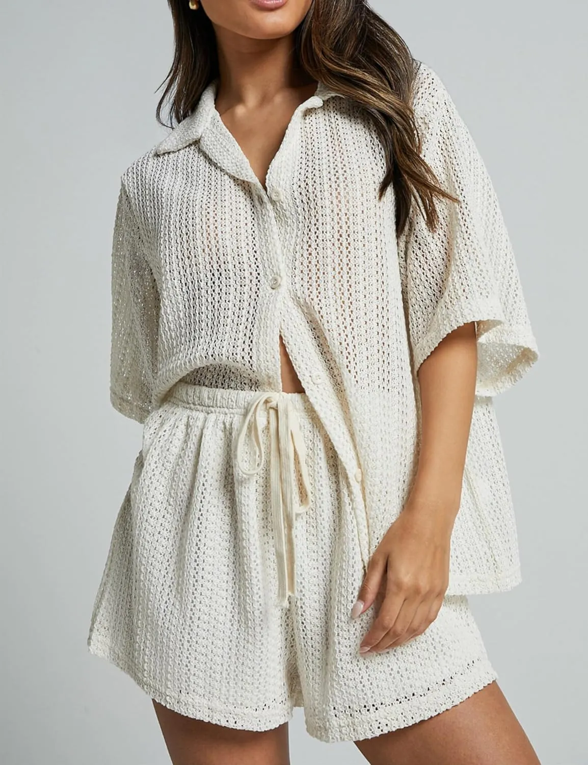 2 Piece Crochet Swimsuit Cover Ups for Women Hollow Out Knit Half Sleeve Tops Shorts Sets