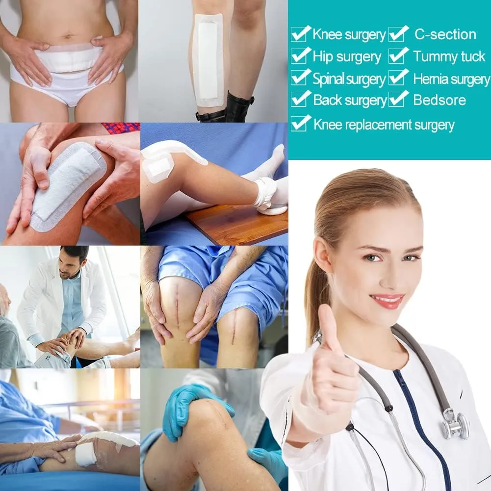 20 Pcs Waterproof Adhesive Island Dressing 4"x10" for Post Knee Replacement Hip Surgery Shower Protector Bandage Surgical Incision Wounds Cover Breathable Bordered Gauze
